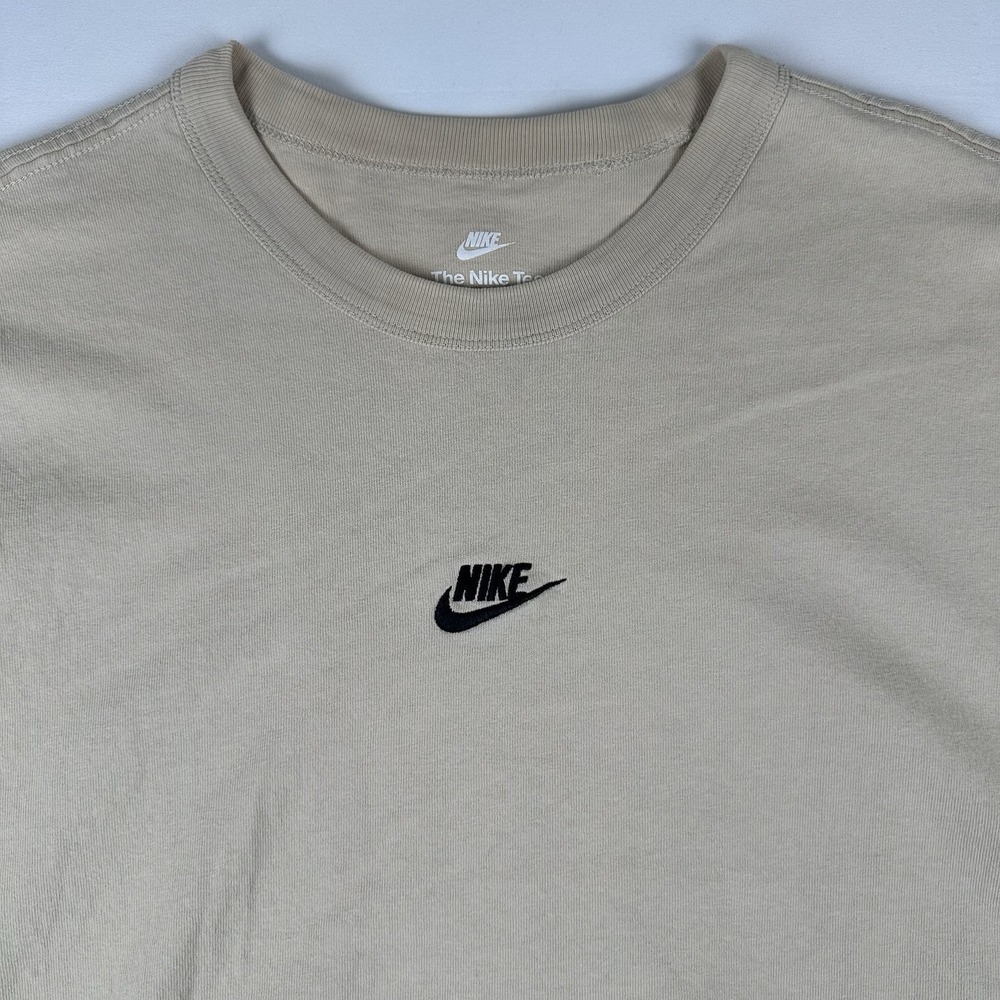 Nike Tee Loose Fit XL Tan Beige Center Swoosh Logo Premium Essentials Discolored